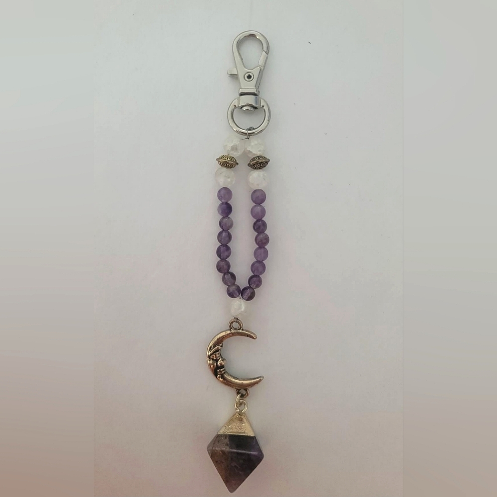 Amethyst And Crystal Quartz Moon Keychain